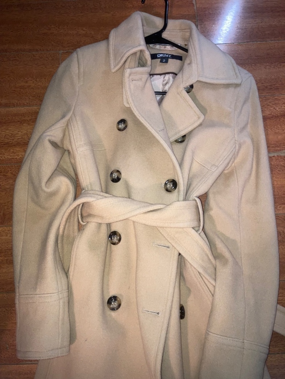 DKNY fall coat camel cashmere tan wool riding double breasted 2 midi trench - Picture 4 of 7